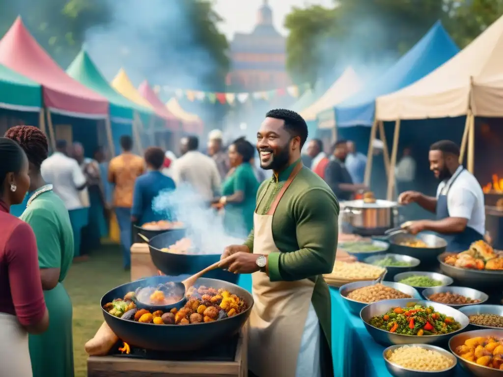 Escena vibrante de festival culinario al aire libre con influencia diáspora africana