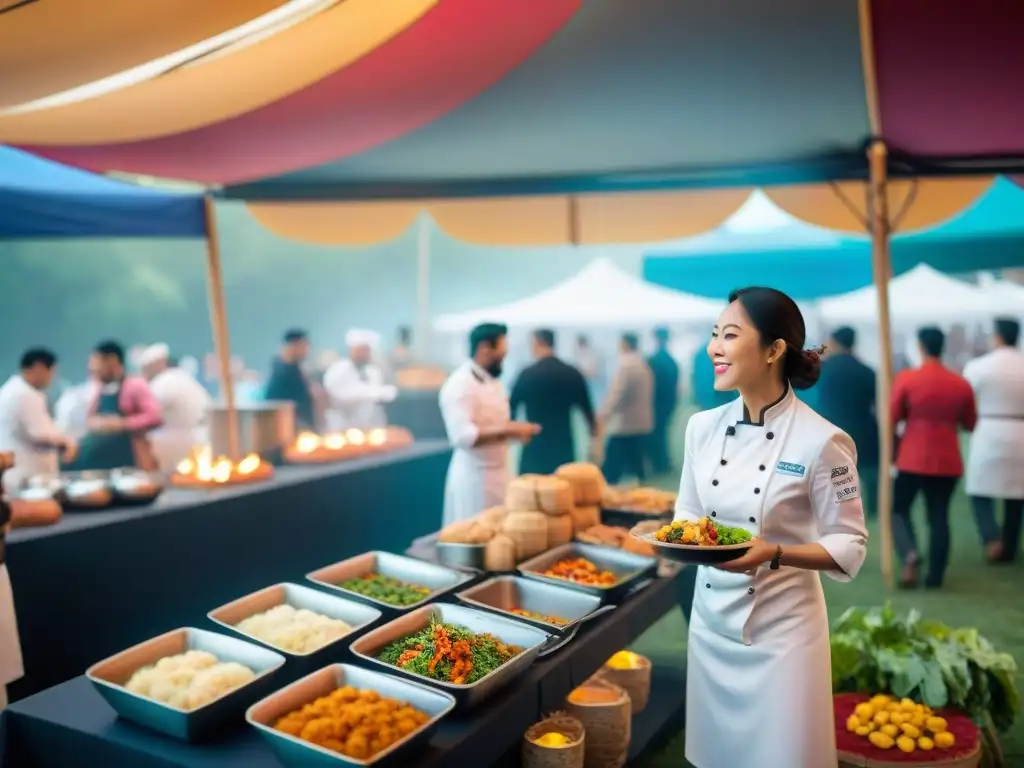 Escena vibrante de festival gastronómico con tendencias futuras en festivales gourmet, chefs preparando platos coloridos y ambiente festivo