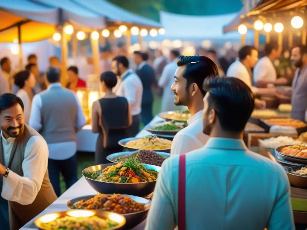 Escena vibrante de festival gourmet con puestos de comida decorados y personas disfrutando de experiencias multisensoriales