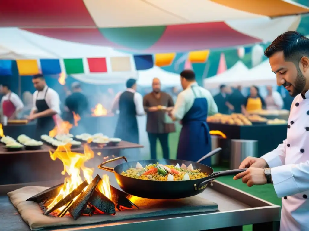 Escena vibrante de un festival gourmet con raíces culturales: cocinas internacionales, sabores diversos y coloridas banderas