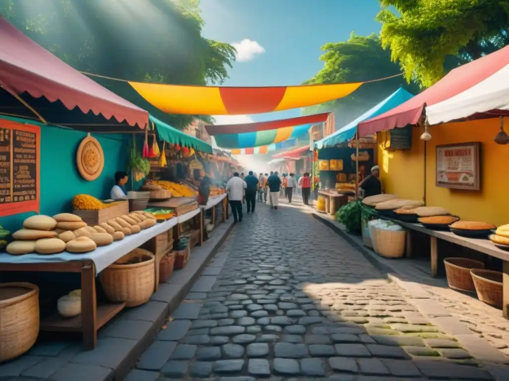 Escena vibrante de festivales de comida callejera en América Latina, con coloridos puestos y gente disfrutando la diversidad gastronómica