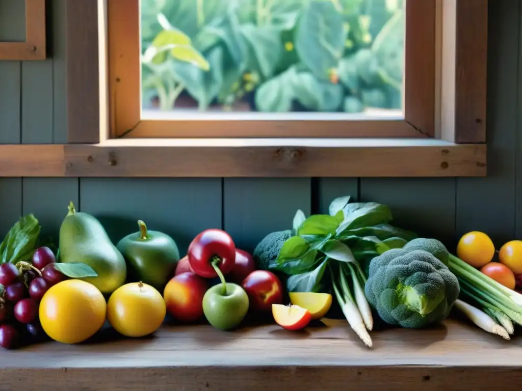 Una escena vibrante de frutas y verduras coloridas, frescas y locales en una mesa de madera, iluminadas por el sol