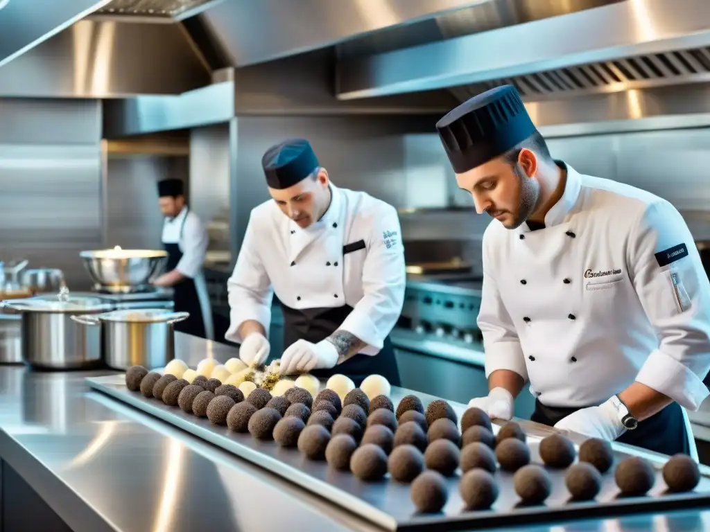 Escena vibrante en un lujoso hotel: chefs expertos preparan exquisitos platos de trufa en una cocina impecable