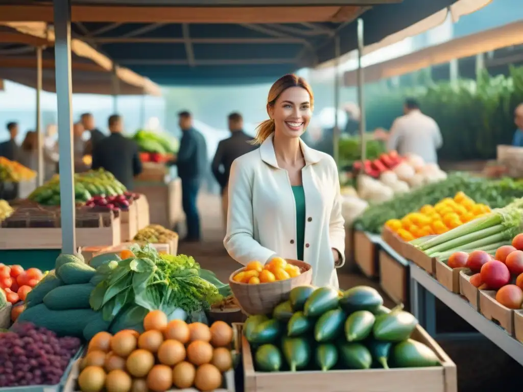 Mercado orgánico vibrante: colores frescos bajo el sol matutino Una escena vibrante en un mercado de agricultores orgánicos, con frutas y verduras frescas y coloridas