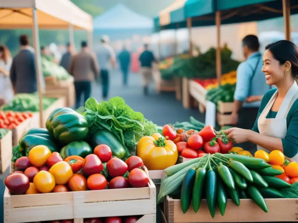 Escena vibrante en el mercado de agricultores con alimentos kilómetro cero gourmet y compradores felices