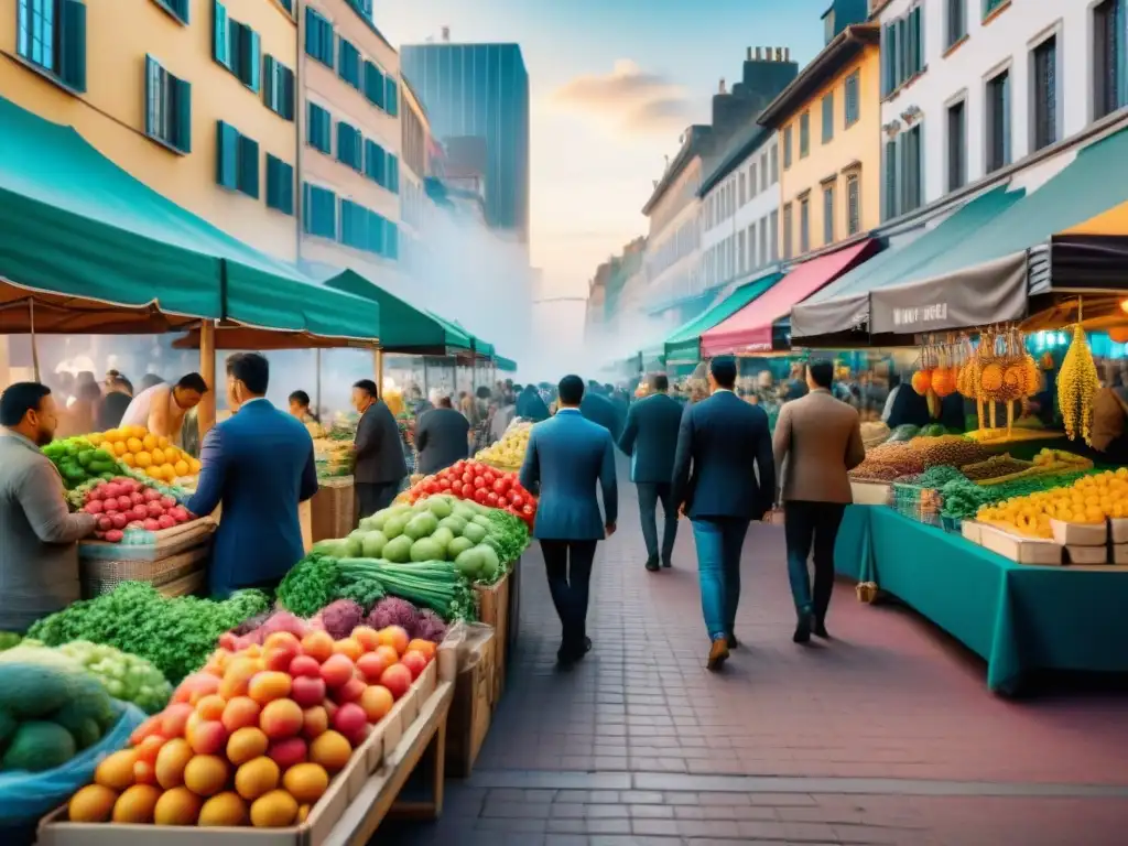 Escena vibrante en mercado de alimentos al aire libre con variedad de productos coloridos, vendedores y clientes