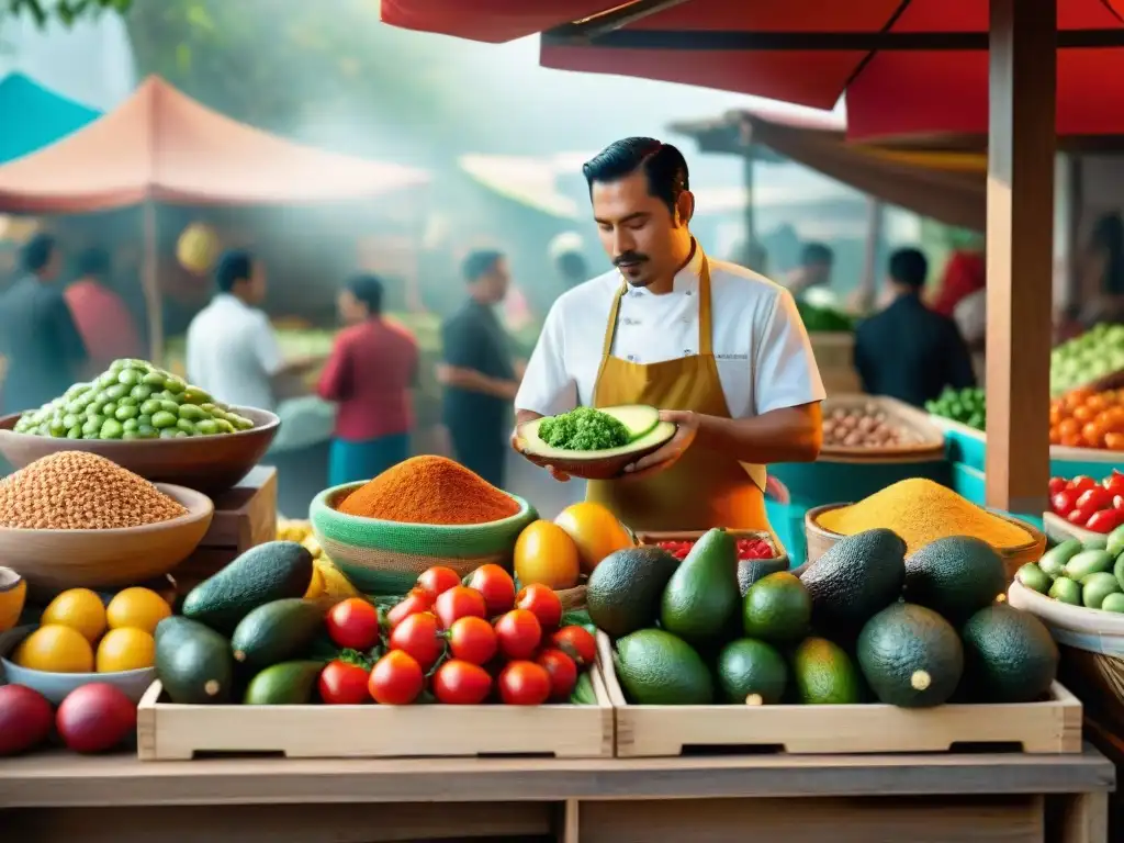 Una escena vibrante de un mercado de alimentos internacionales con ingredientes mexicanos