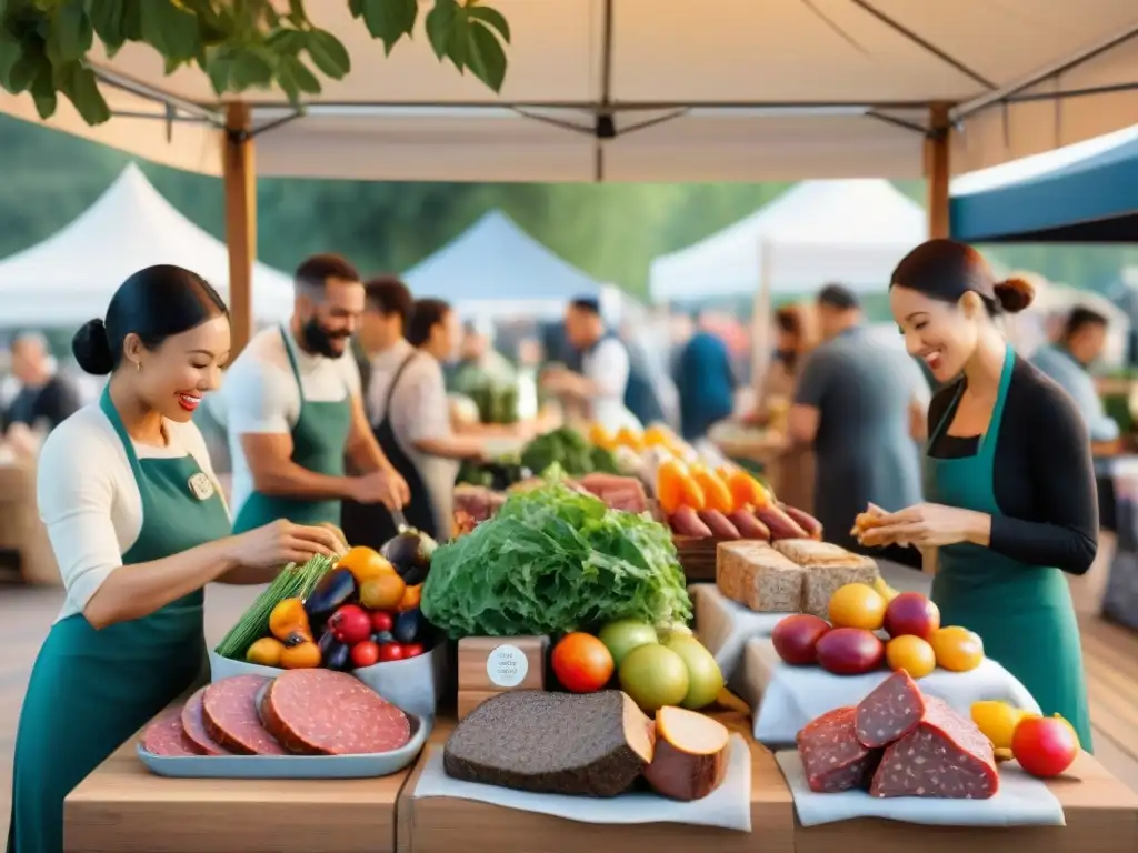 Una escena vibrante de un mercado agrícola con alternativas innovadoras en charcutería vegana