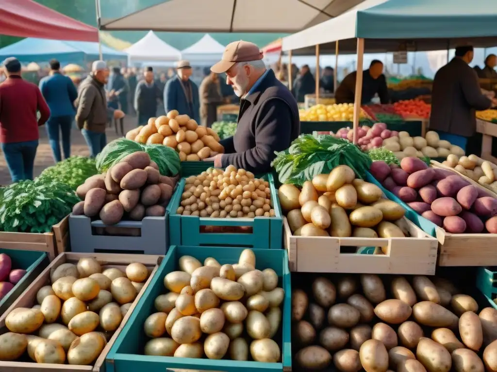 Una escena vibrante de un mercado bullicioso con una variedad colorida de papas, poder papa revolucion alimentacion mundial