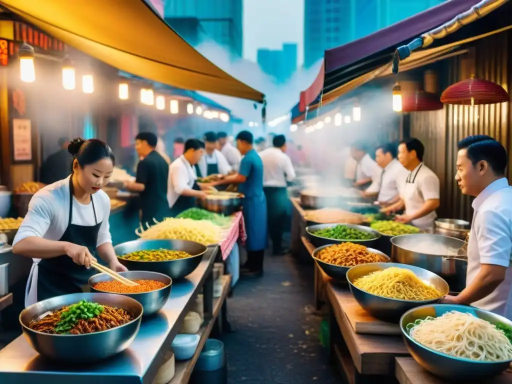 Escena vibrante de mercado callejero asiático con platos de fideos icónicos siendo preparados por chefs hábiles