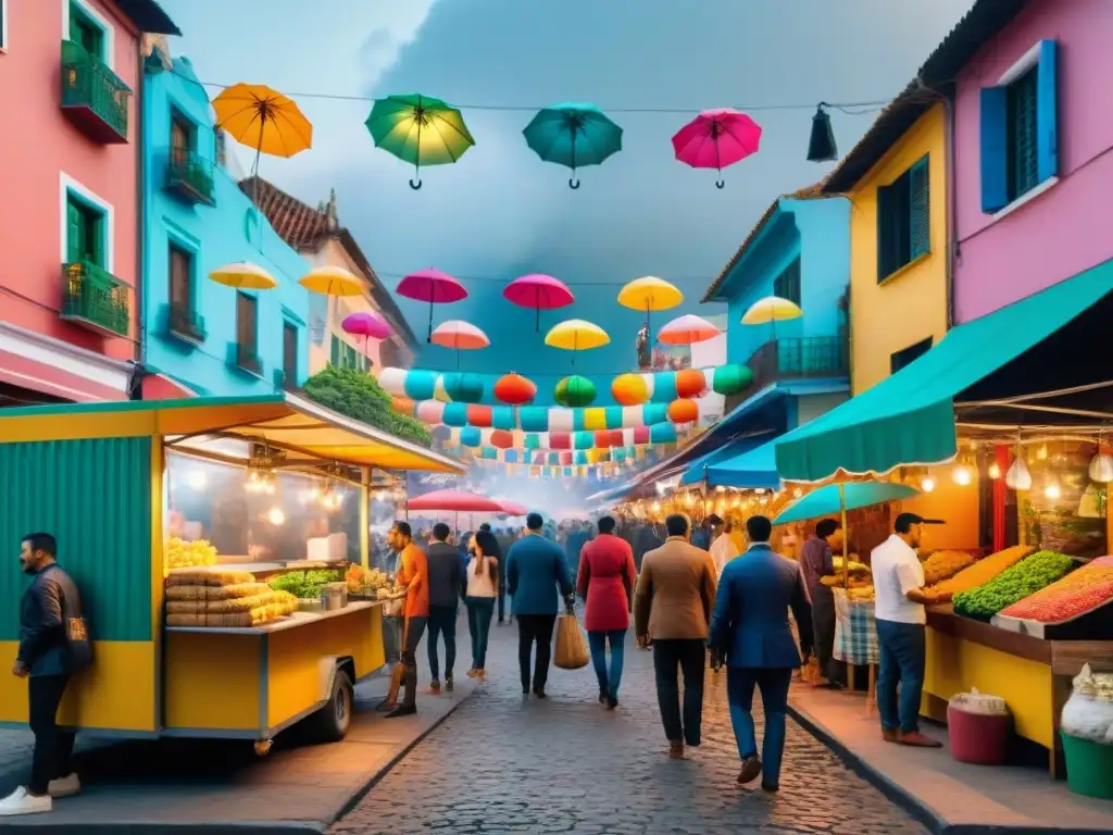 Escena vibrante de mercado callejero en América Latina con puestos de comida coloridos y variedad de platos tradicionales