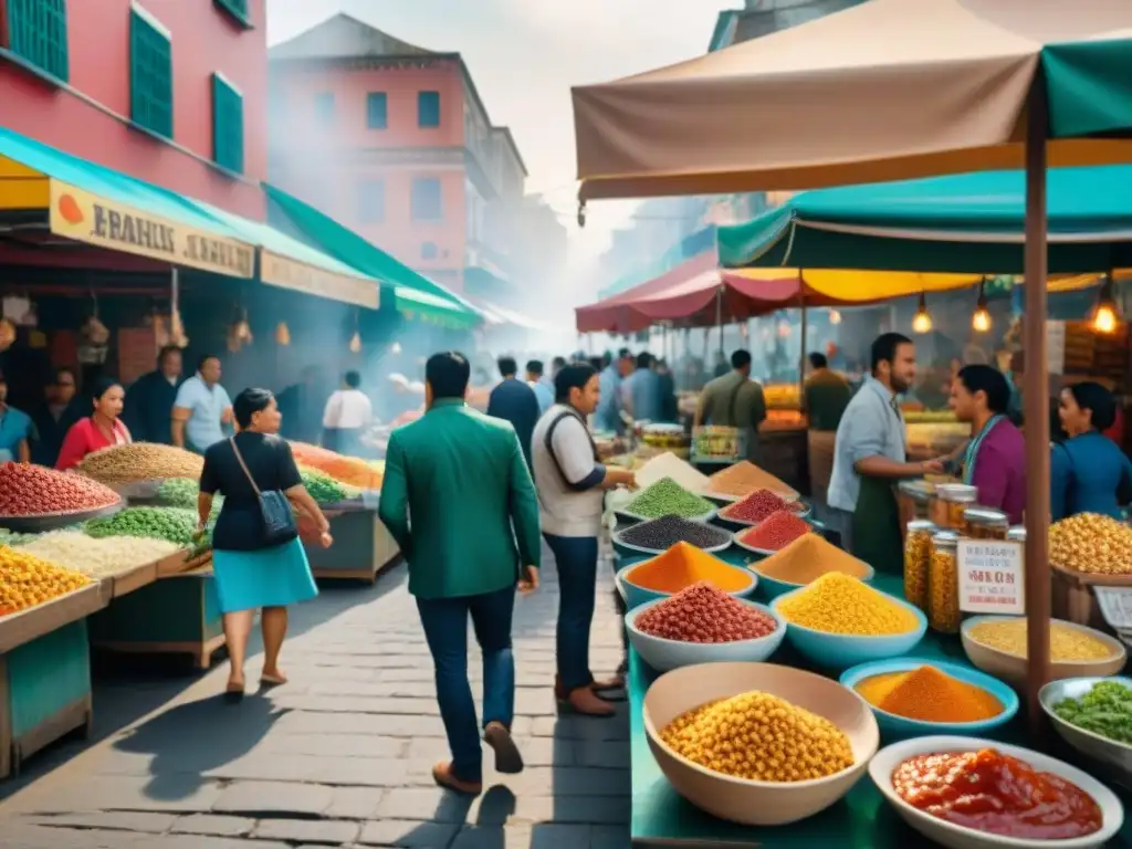 Escena vibrante de un mercado callejero en América Latina con las mejores salsas de comida callejera y coloridas decoraciones