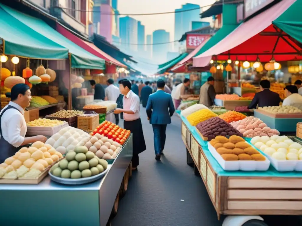 Escena vibrante de un mercado callejero asiático con dulces callejeros asiáticos gourmet coloridos y exóticos