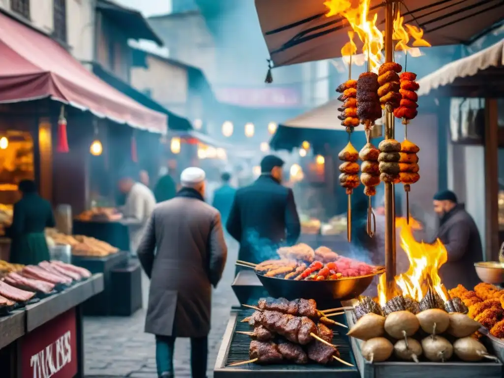 Escena vibrante de un mercado callejero turco con auténticos kebabs y una historia culinaria única