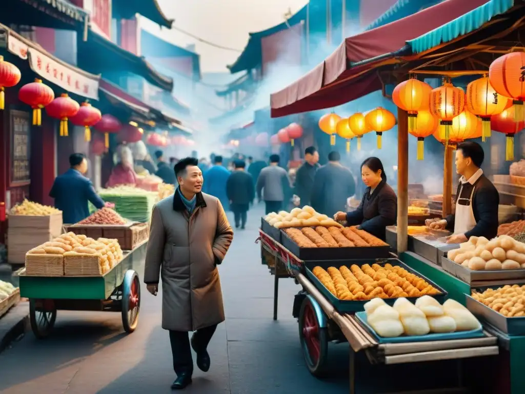 Escena vibrante de un mercado chino al amanecer, con vendedores de youtiao y faroles tradicionales