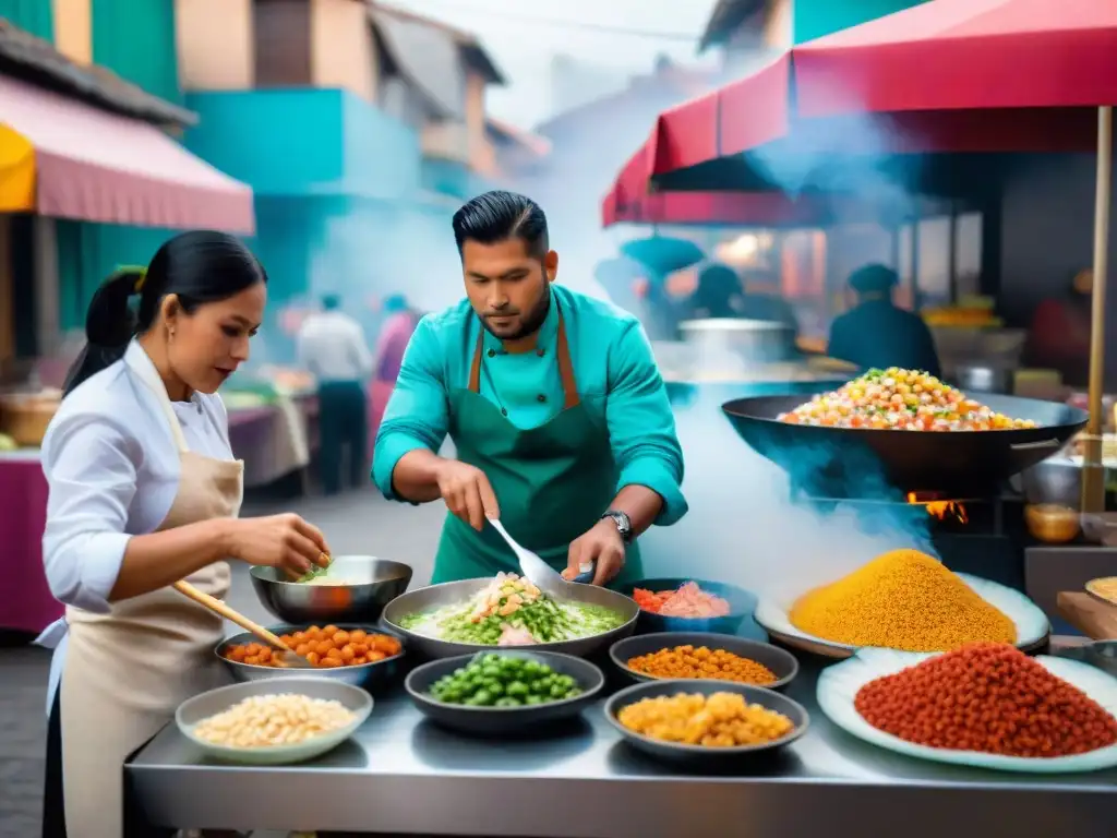 Una escena vibrante de mercado de comida callejera peruana gourmet, con puestos coloridos y chefs preparando ceviche y otros platos tradicionales