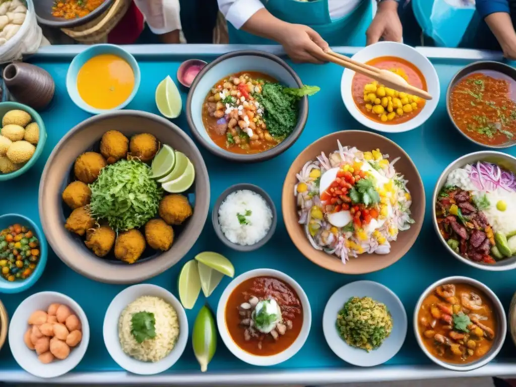 Escena vibrante de mercado de comida callejera peruana gourmet con preparaciones meticulosas y colores vivos