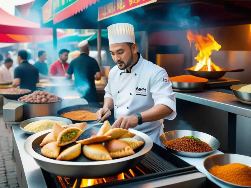 Una escena vibrante de un mercado de comida donde culturas se entrelazan en una fusión étnica en la gastronomía