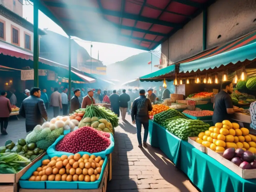 Escena vibrante de mercado en Sudamérica con descubrimientos gastronómicos en puestos coloridos y gente diversa disfrutando