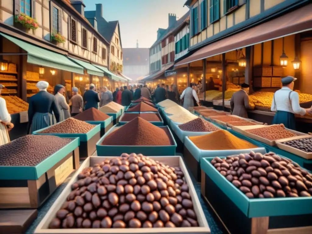 Escena vibrante del mercado europeo del siglo XVII, con cacao recién llegado