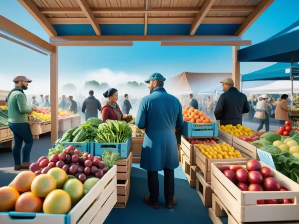 Una escena vibrante en un mercado agrícola con frutas y verduras coloridas