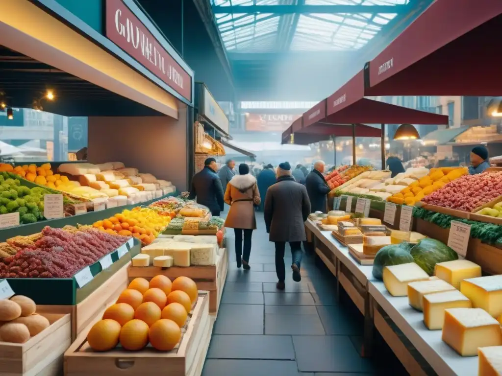 Escena vibrante de un mercado gourmet con clientes y vendedores, productos frescos y variados