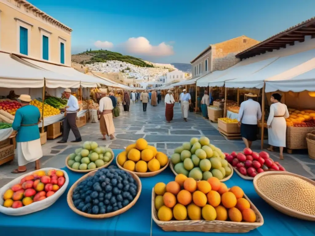 Escena vibrante en un mercado griego antiguo con vendedores y clientes debatiendo sobre alimentos frescos