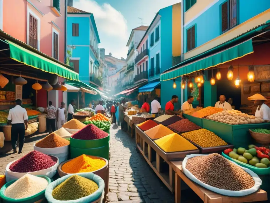 Escena vibrante de mercado en Salvador, Brasil, con influencia africana en la gastronomía brasileña