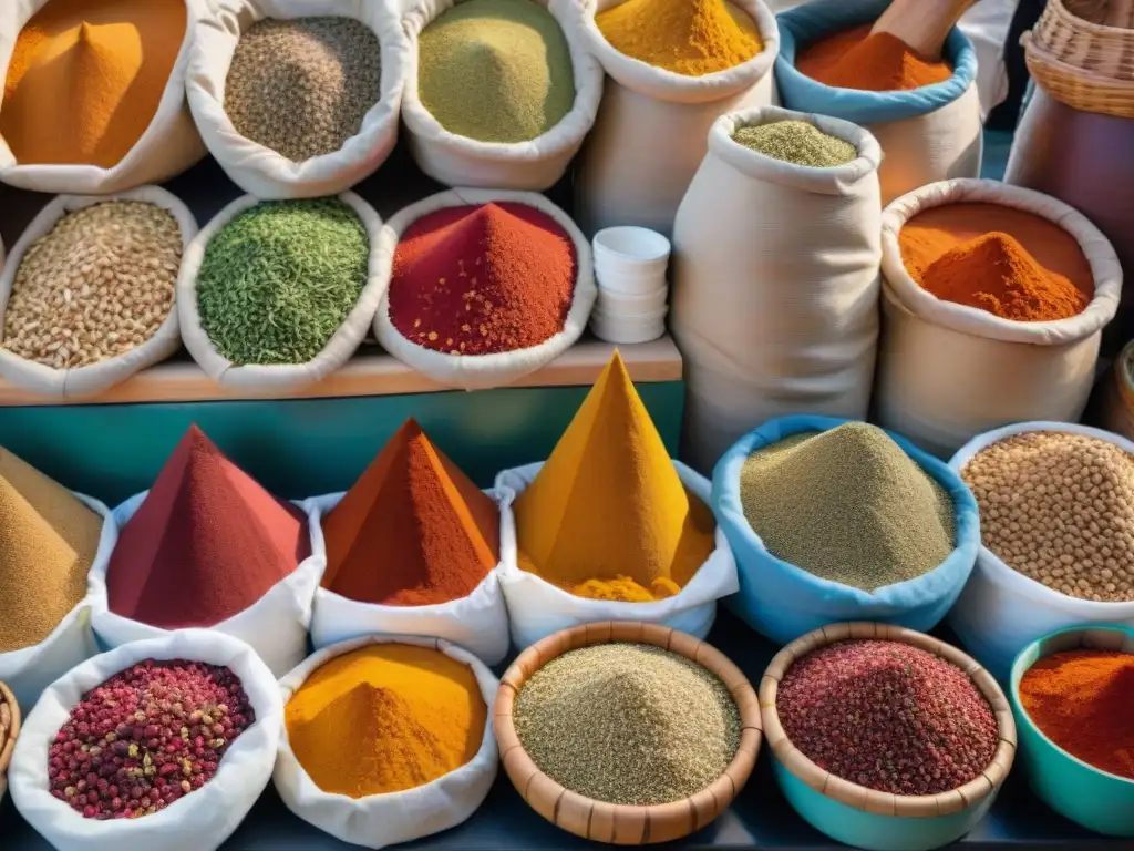 Escena vibrante de mercado con ingredientes exóticos, colores y culturas diversas