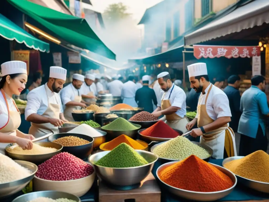 Mercado culinario internacional: chefs globales cocinan con asafétida Escena vibrante de mercado internacional con chefs de diferentes culturas cocinando con asafétida, creando un ambiente cultural único