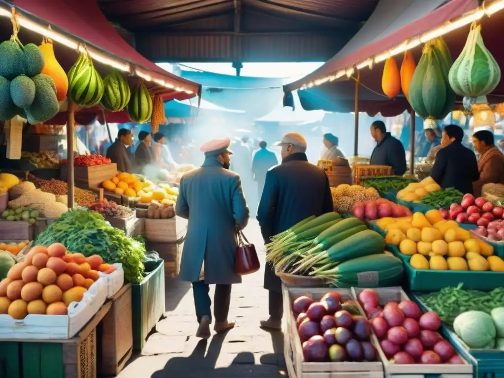 Una escena vibrante en un mercado local con joyas culinarias, donde vendedores y clientes comparten pasión por los productos frescos