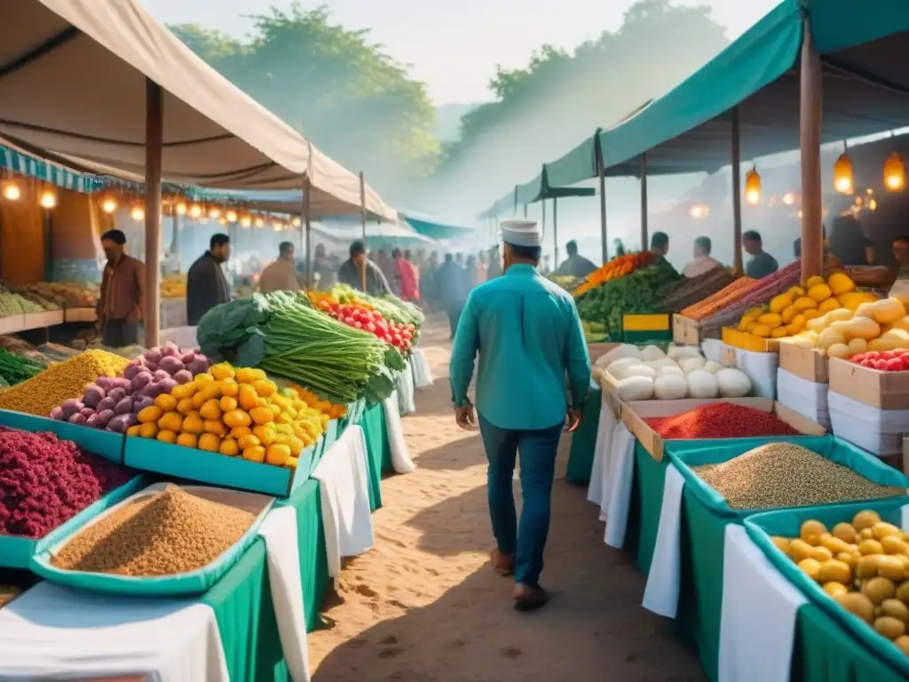 Escena vibrante en un mercado local con sabores auténticos y colores vivos