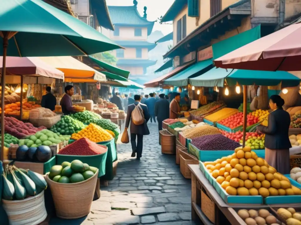 Escena vibrante de mercado local con frutas coloridas, especias aromáticas y productos artesanales