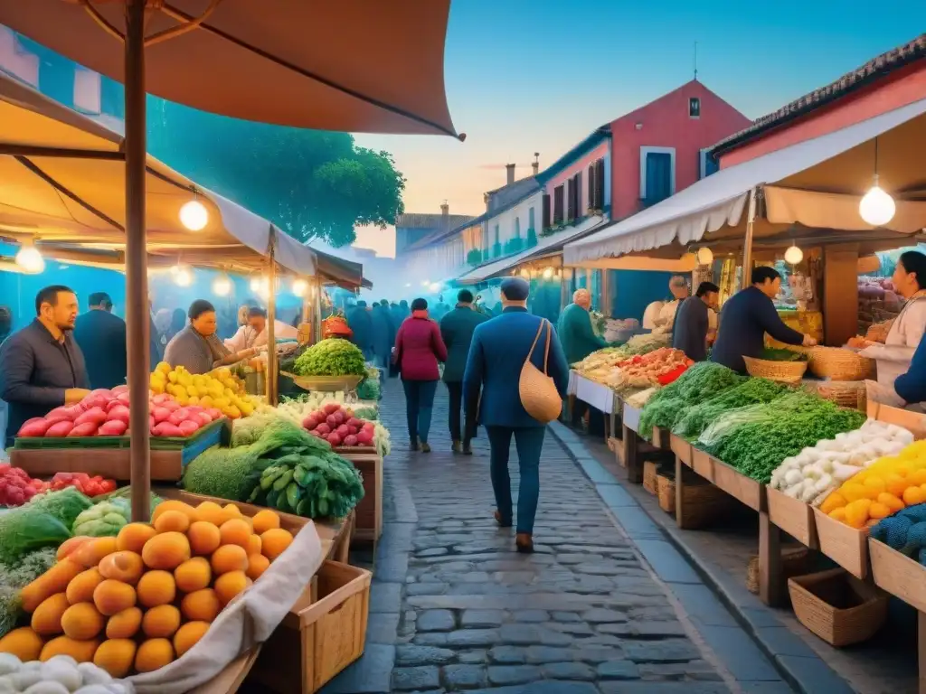 Escena vibrante de un mercado local lleno de vida y color en ciudades escondidas, con productos frescos y vinos regionales