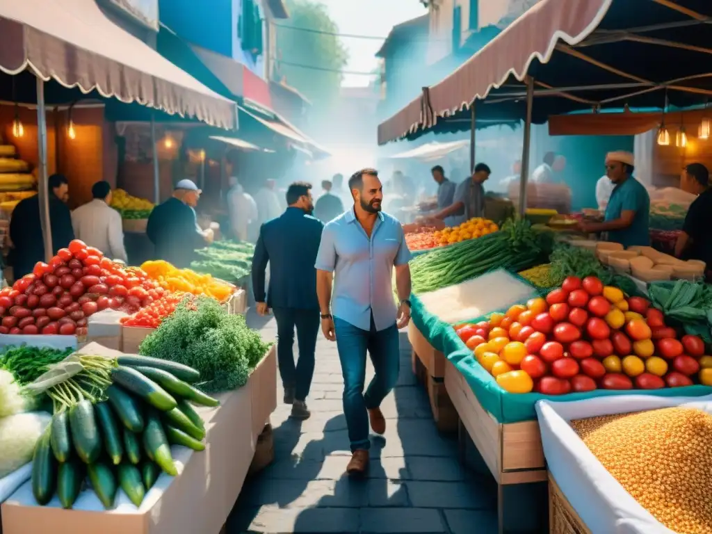 Escena vibrante de un mercado mediterráneo con ingredientes frescos para la Ensalada Tabulé receta historia gourmet