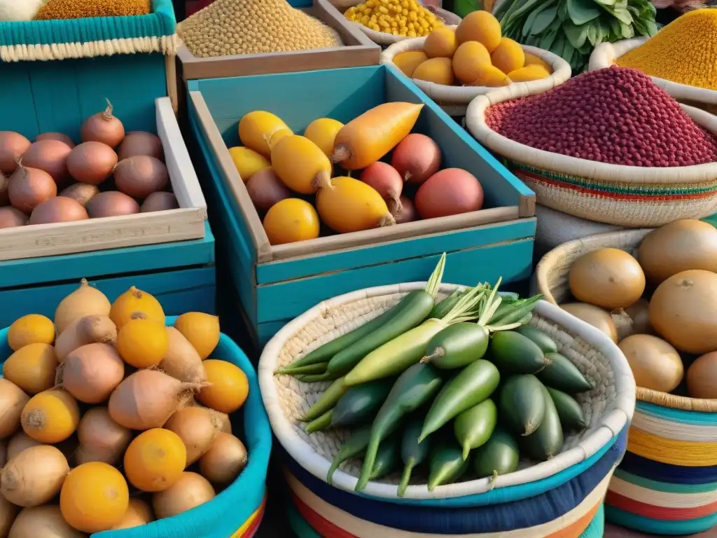 Escena vibrante en mercado mexicano con camotes y yucas, resaltando texturas naturales y colores bajo el cálido sol