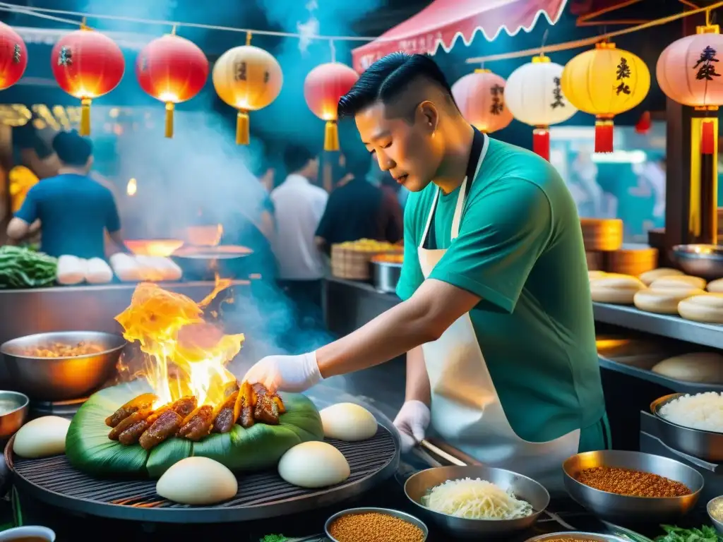 Escena vibrante en el mercado nocturno de Taiwán con Gua Bao, un mundo gourmet de sabores taiwaneses