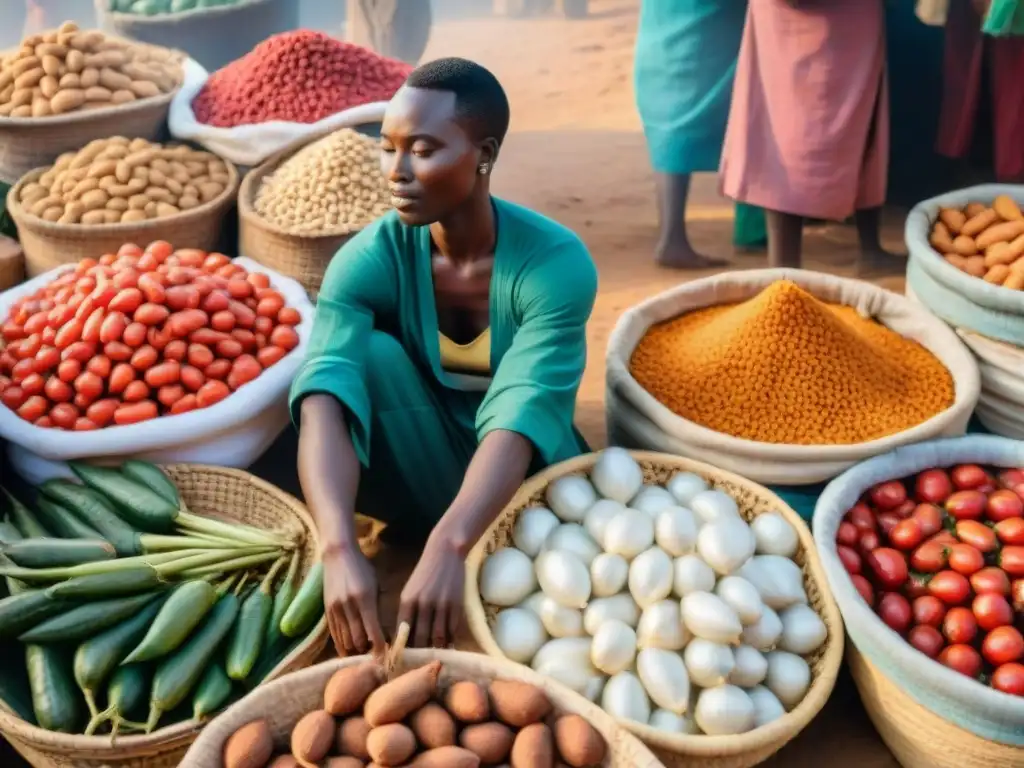 Una escena vibrante de un mercado en África Occidental con ingredientes frescos y coloridos en cestas tejidas