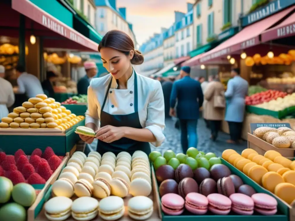 Una escena vibrante de un mercado parisino con ingredientes frescos y coloridos, capturando la esencia de la cocina francesa contemporánea