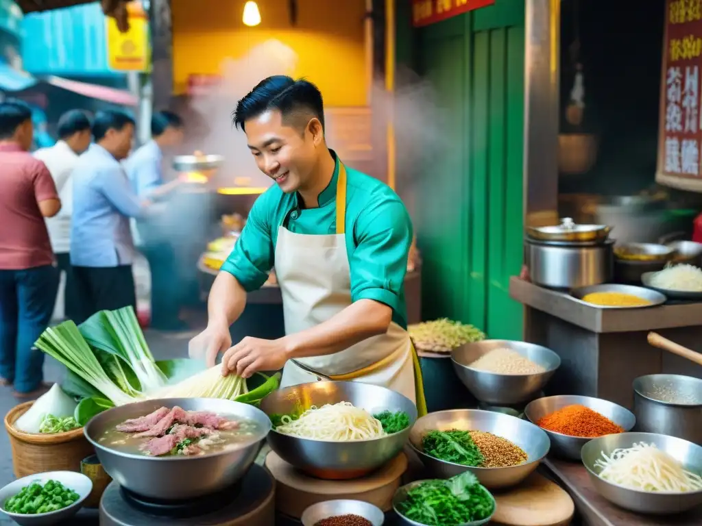 Escena vibrante en Ho Chi Minh: Mercado con sabores frescos y auténtico Pho vietnamita