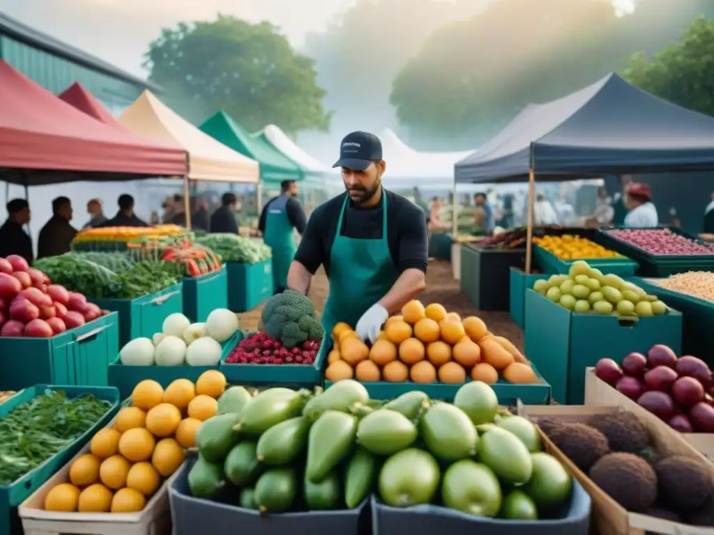 Escena vibrante en un mercado con tendencias gastronomía verde compostaje: vendedores, chefs y compostaje