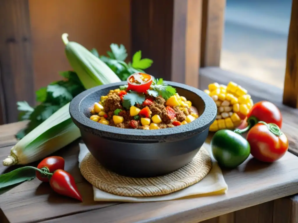 Escena vibrante de un molcajete mexicano con masa de maíz, chiles rojos, cilantro y tomates sobre mesa de madera