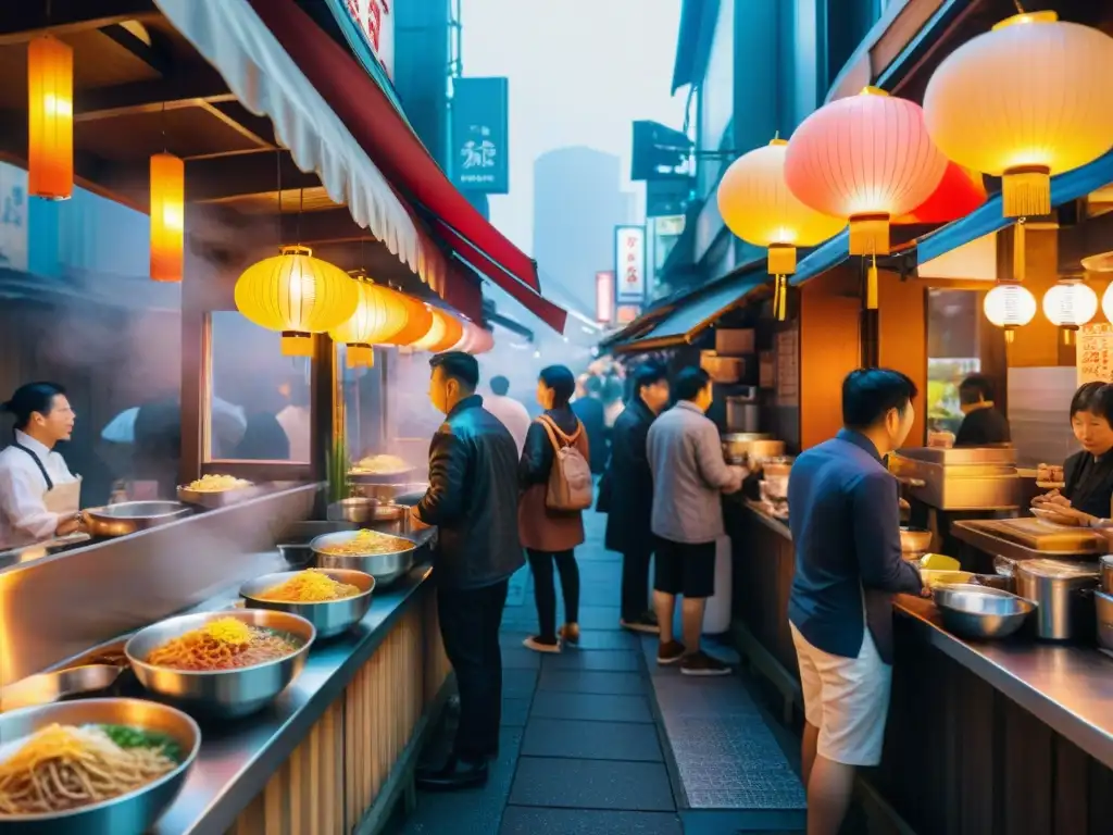 Escena vibrante de ramen callejero en Tokio, con clientes diversos esperando ansiosos fuera de un pequeño puesto iluminado por neón