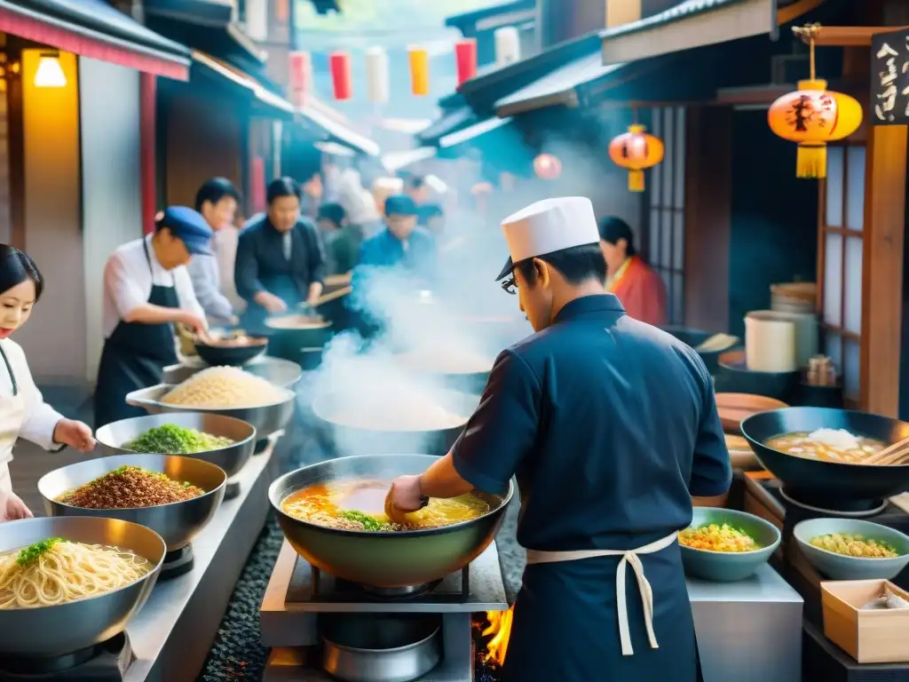 Escena vibrante de ramen callejero gourmet en Japón: chef preparando bowl con precisión, clientes ansiosos y aroma tentador