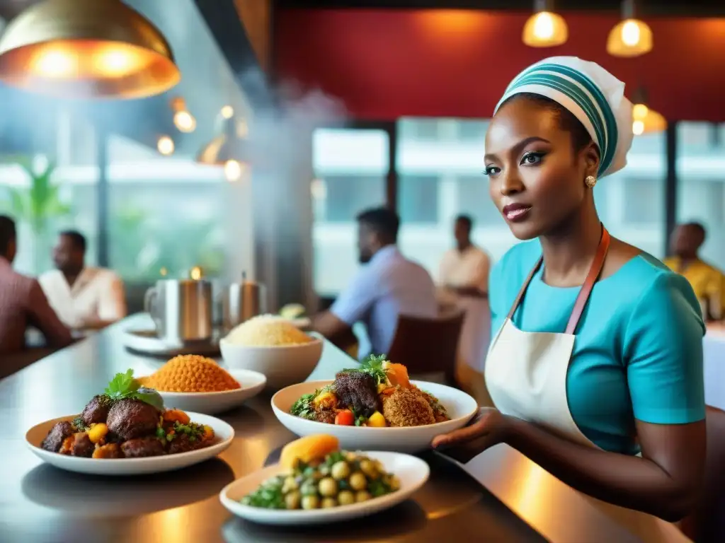 Escena vibrante de restaurante africano en ciudad global