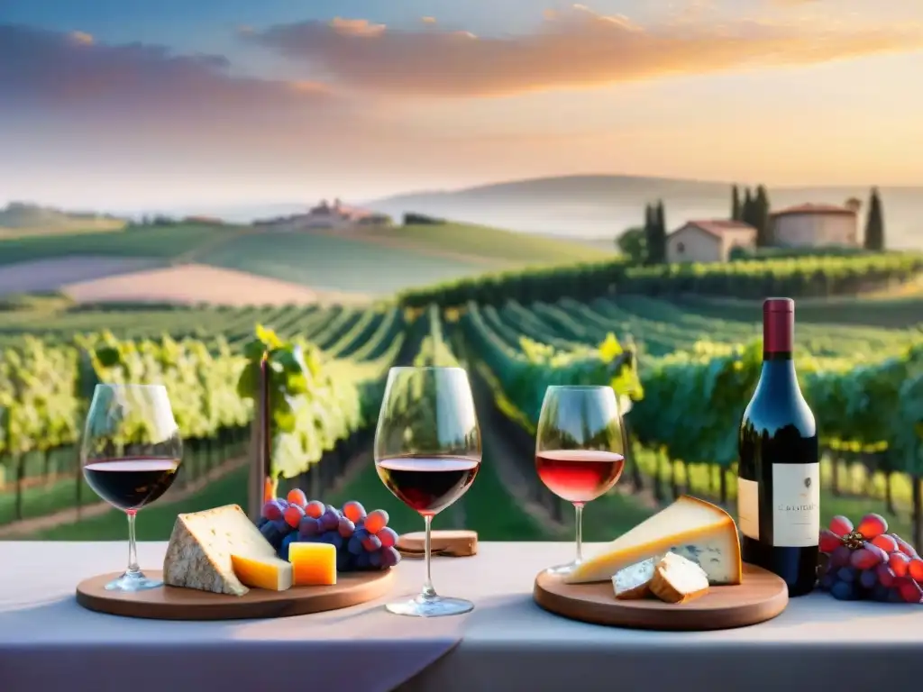 Experiencia gourmet: viñedo al atardecer con vinos y quesos Una escena de viñedo pintoresco al atardecer, con hileras de vides verdes bajo un cielo anaranjado, rosa y morado