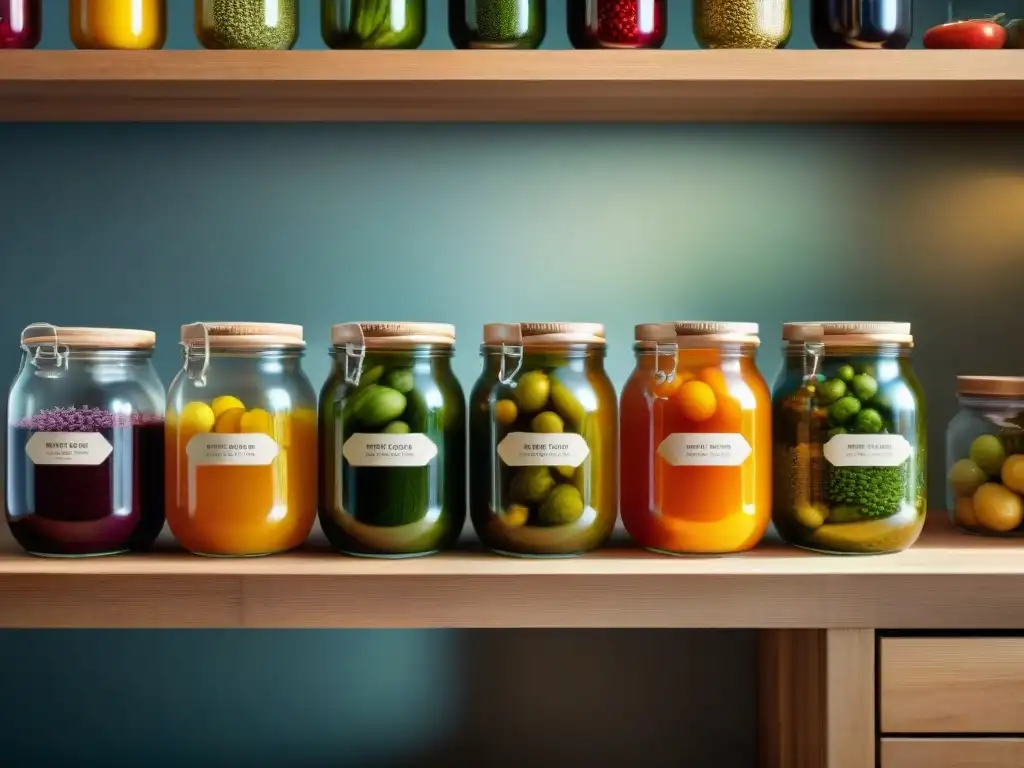 Un escenario acogedor de cocina rústica con tarros de fermentación de frutas y verduras, ideal para principiantes en técnicas de conserva fermentada