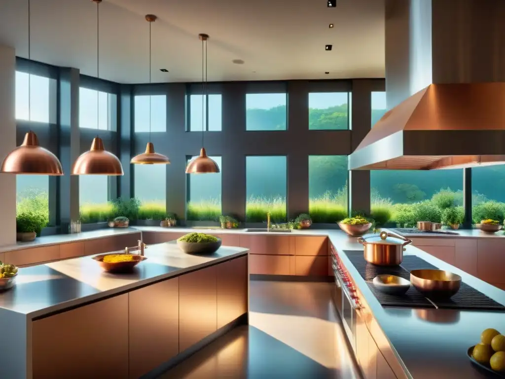 Un escenario de aventuras culinarias con grandes nombres gourmet creando platos con pasión y precisión en una cocina elegante y animada