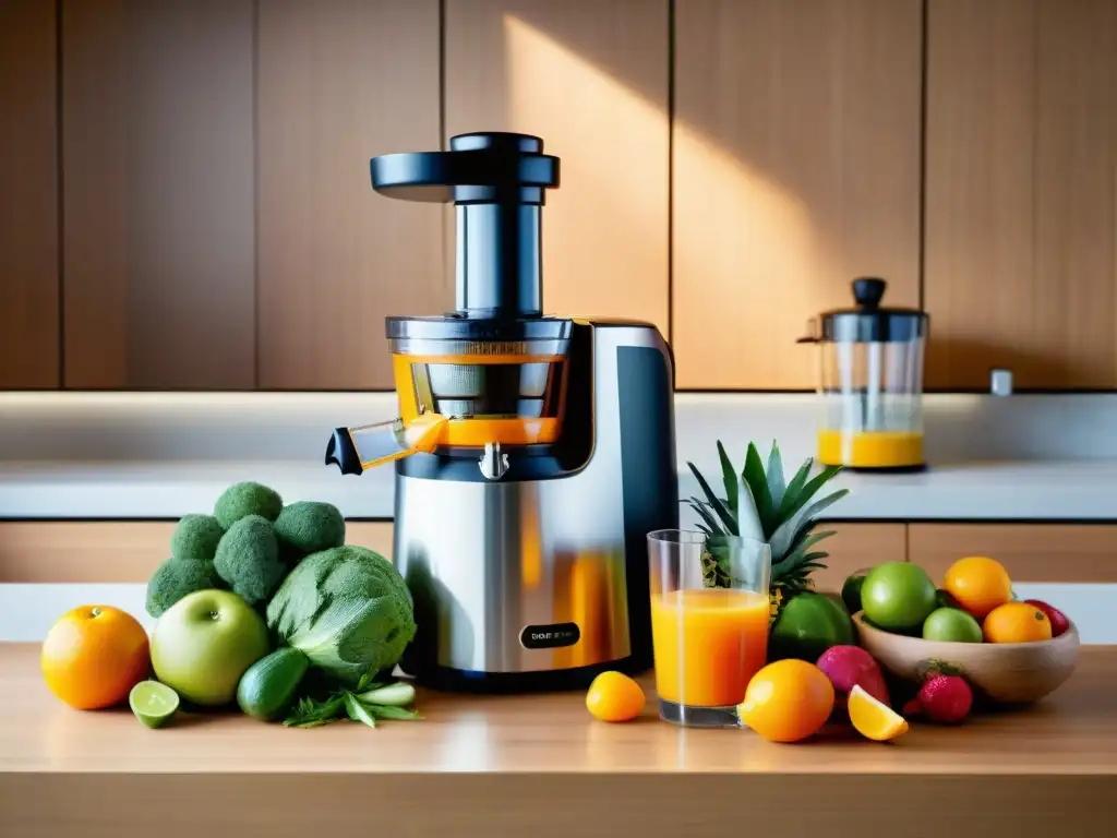 Un escenario de cocina moderna con frutas y verduras coloridas, un extractor de jugo de prensa fría y vapor fresco