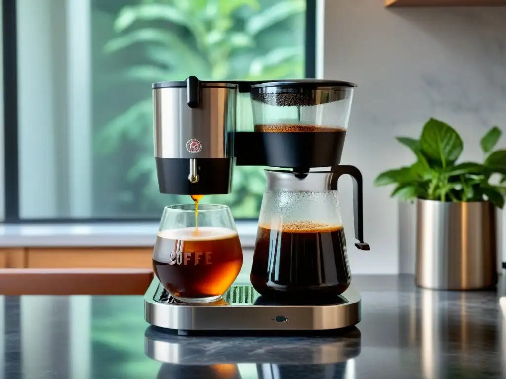 Un escenario elegante con un moderno cafetera de cristal para Café Cold Brew receta fácil, rodeado de granos de café y menta fresca